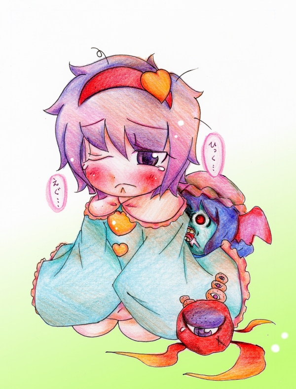 kouen kurosuke, takato kurosuke, komeiji satori, remilia scarlet, touhou, bad id, bad pixiv id, traditional media, 1girl, bat wings, blue hair, chibi, female focus, hairband, heart, purple eyes, purple hair, red eyes, short hair, solo, tears, wings, yukkuri shiteitte ne