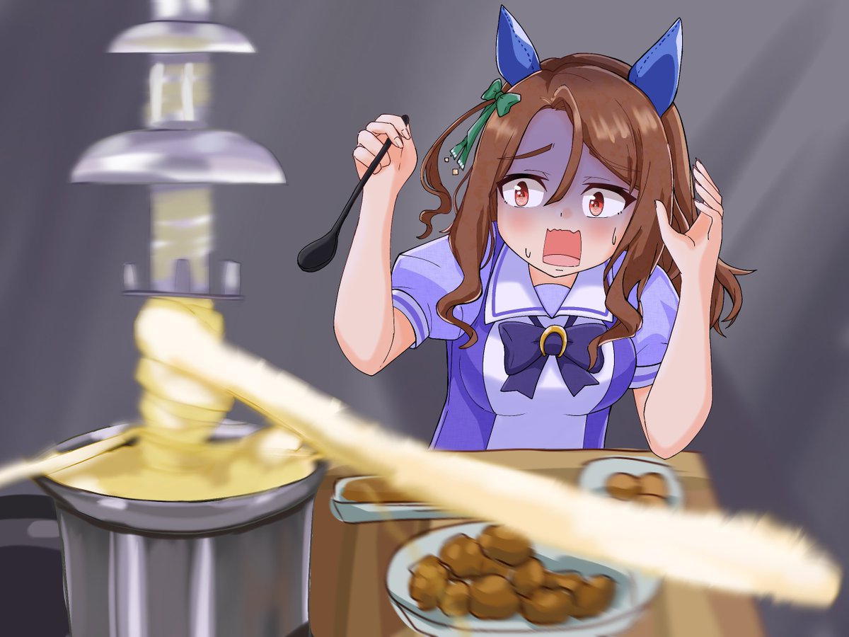 yashimo 1875, king halo (umamusume), umamusume, 1girl, animal ears, bow, brown hair, ear bow, ear covers, ear ornament, ear ribbon, fondue, green bow, hair between eyes, horse ears, horse girl, horse tail, meme, open mouth, red eyes, school uniform, shirt, solo, tail, tasty hoon cheese fondue (meme), tracen school uniform