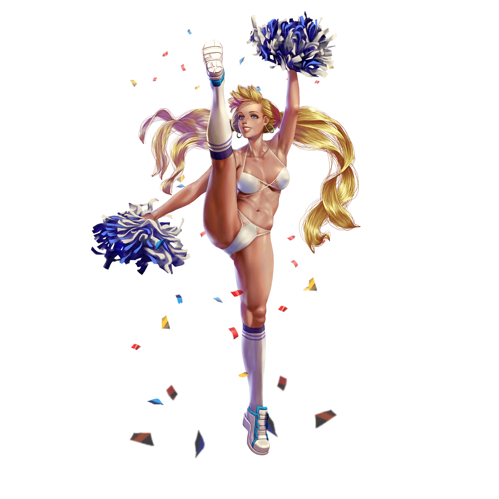 crystal maiden (series), covered pussy, artist request, game cg, highres, official art, variant set, 1girl, armpits, bare arms, bare legs, bare shoulders, blonde hair, blue eyes, bra, breasts, cheerleader, confetti, earrings, forehead, full body, jewelry, leg up, looking at viewer, megan (crystal maidens), navel, panties, pom pom (cheerleading), shoes, smile, socks, solo, standing, standing on one leg, star (symbol), star print, transparent background, twintails, underwear, white bra, white panties, white socks