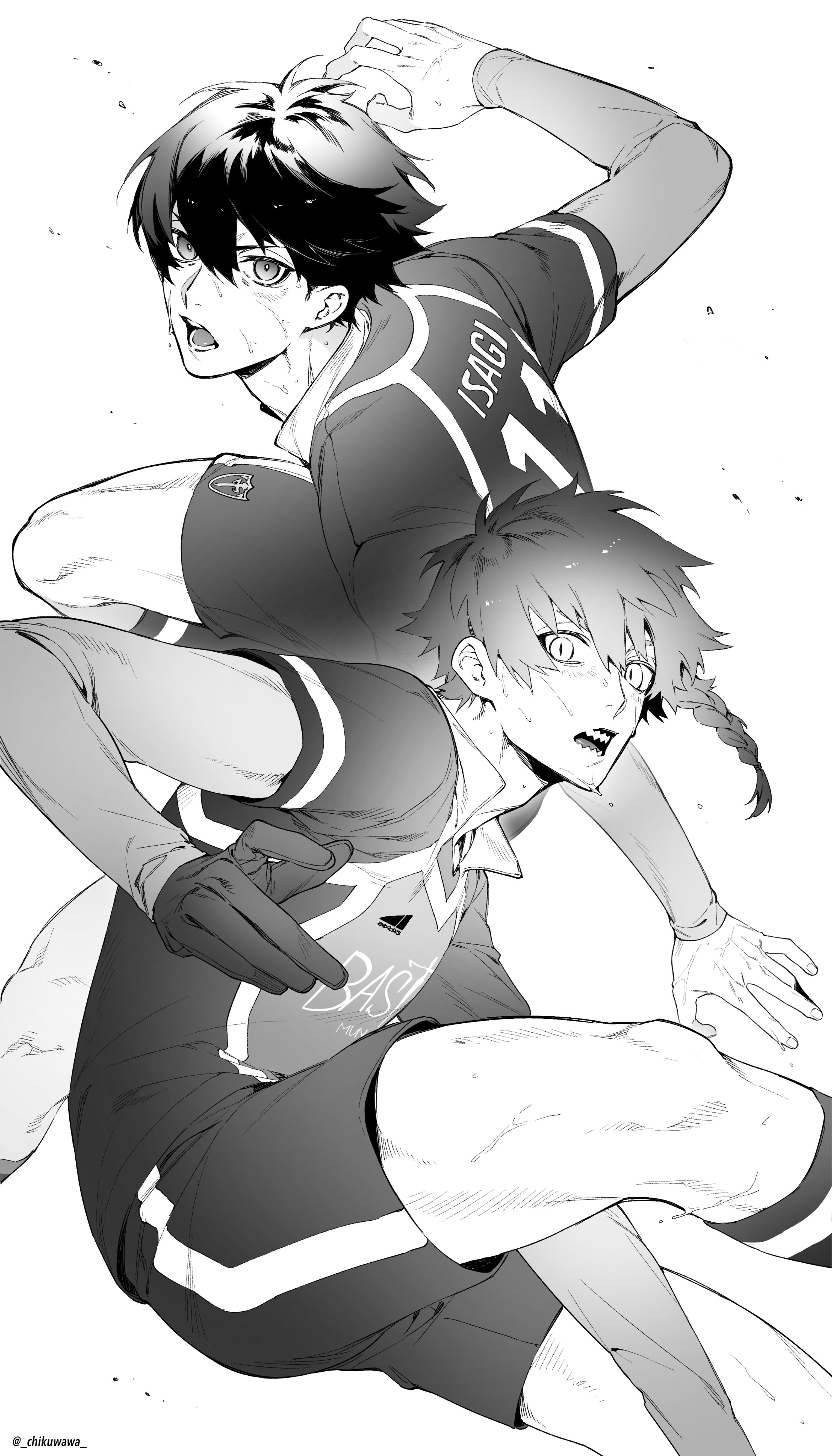chikuwa (dr0603), isagi yoichi, kurona ranze, blue lock, absurdres, commentary request, highres, 2boys, bastard munchen soccer uniform, braid, compression sleeve, gloves, greyscale, hair between eyes, looking at viewer, male focus, monochrome, multiple boys, sharp teeth, short hair, shorts, side braid, simple background, single braid, slit pupils, soccer uniform, sportswear, sweat, teeth, white background