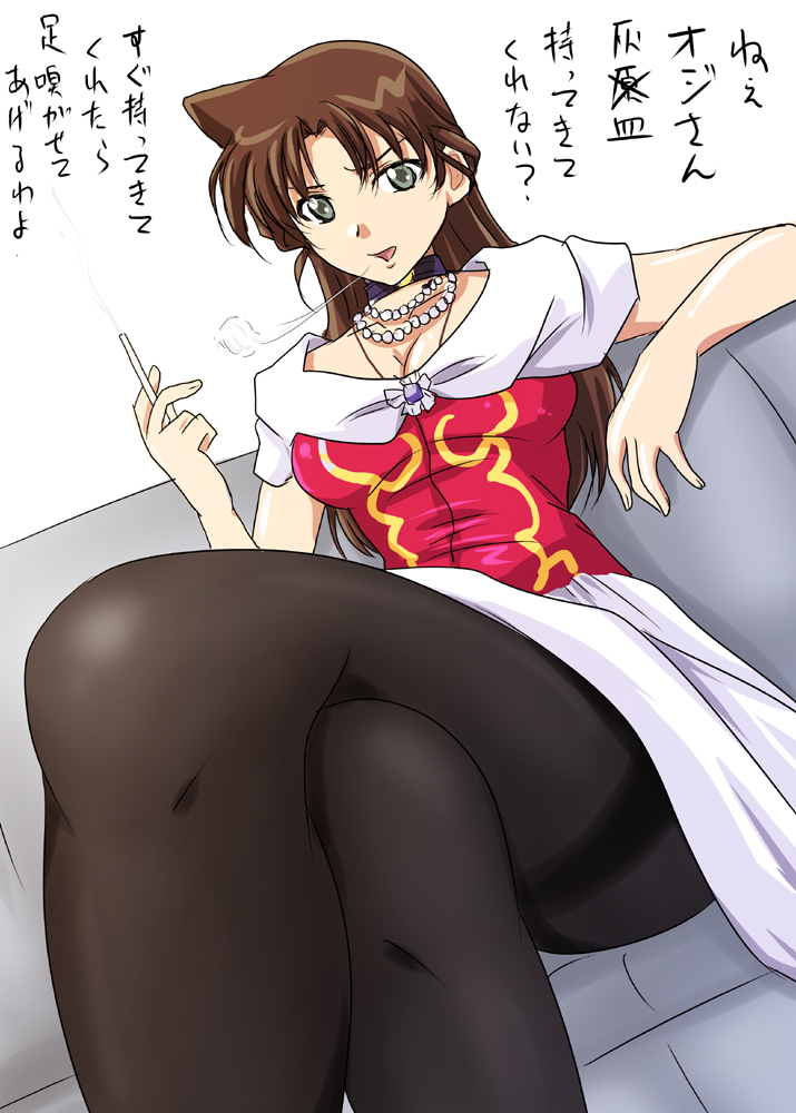 nozarashi satoru, mira julietta vesparand, lupin iii, lupin sansei vs meitantei conan, meitantei conan, tms entertainment, translation request, 1girl, brown hair, choker, cigarette, crossed legs, female focus, jewelry, long hair, necklace, pantyhose, sitting, smoking, solo, thighband pantyhose