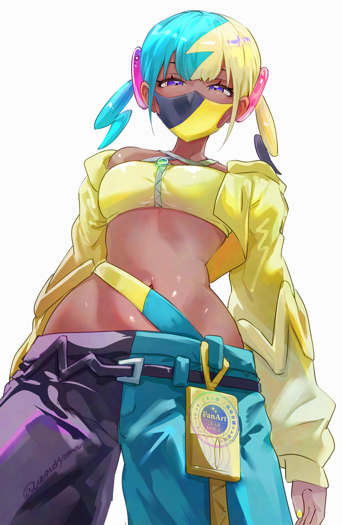 uenoryoma, canari (pokemon), nintendo, pokemon, pokemon legends: z-a, highres, 1girl, bandeau, black hair, black pants, blonde hair, blue hair, blue pants, blush, breasts, jacket, long sleeves, looking at viewer, mask, medium breasts, mouth mask, multicolored hair, navel, pants, purple eyes, solo, tan, twintails, two-tone pants, yellow bandeau, yellow jacket