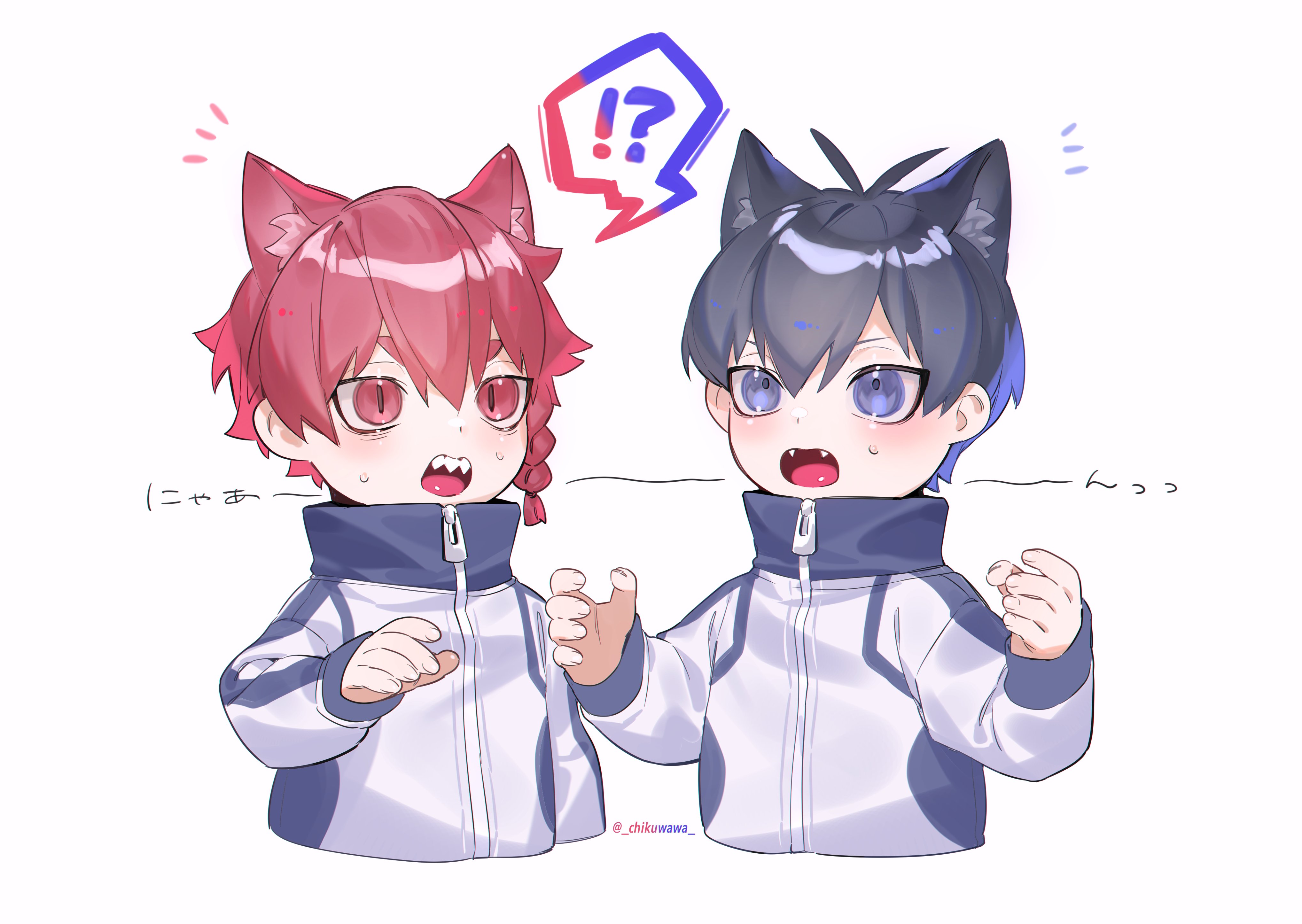 chikuwa (dr0603), isagi yoichi, kurona ranze, blue lock, absurdres, commentary request, highres, translation request, !?, 2boys, animal ear fluff, animal ears, blue eyes, braid, fangs, full-length zipper, high collar, jacket, male focus, multiple boys, red eyes, red hair, sharp teeth, side braid, simple background, single braid, slit pupils, spoken interrobang, teeth, twitter username, white background, zipper, zipper pull tab