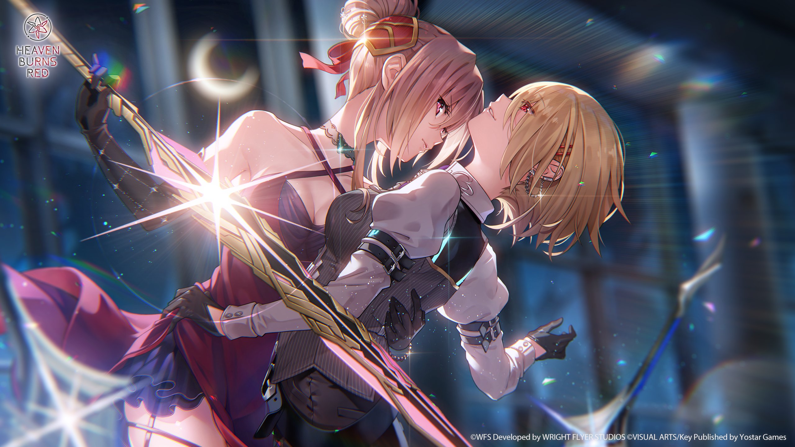 kayamori ruka, nishikigi chisato, shirakawa yuina, heaven burns red, key (company), yostar, highres, official art, 2girls, arm around waist, bare shoulders, black gloves, blonde hair, blurry, blurry background, breasts, brown hair, choker, cleavage, closed mouth, copyright name, dress, earrings, elbow gloves, eye contact, glint, gloves, hair between eyes, hair bun, hair ornament, hair ribbon, halter dress, halterneck, holding, holding sword, holding weapon, indoors, jewelry, juliet sleeves, lens flare, long sleeves, looking at another, medium breasts, moon, multiple girls, night, official alternate costume, piercing, puffy sleeves, purple eyes, red dress, red eyes, red ribbon, ribbon, shirt, short hair, sidelocks, single hair bun, sleeveless, sword, vest, weapon, white shirt, yuri