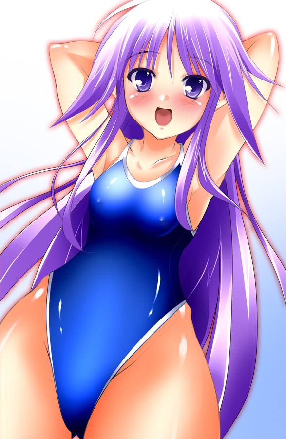 taigi akira, watarase jun, happiness!, 00s, 1girl, blush, breasts, competition school swimsuit, covered erect nipples, female focus, genderswap, genderswap (mtf), highleg, highleg one-piece swimsuit, hip focus, long hair, one-piece swimsuit, purple eyes, purple hair, school swimsuit, small breasts, solo, swimsuit, wide hips
