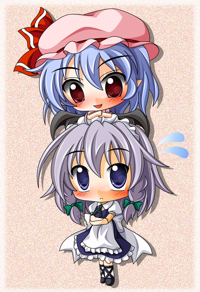 shinjitsu, izayoi sakuya, remilia scarlet, touhou, silver hair, bad id, bad pixiv id, 2girls, bat wings, blue eyes, blue hair, blush, braid, chibi, dress, female focus, hair ribbon, hairband, hat, multiple girls, red eyes, ribbon, short hair, twin braids, wings