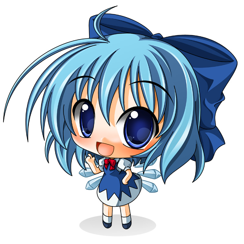 shinjitsu, cirno, embodiment of scarlet devil, touhou, bad id, bad pixiv id, 1girl, blue eyes, blue hair, bow, chibi, dress, female focus, full body, hair bow, matching hair/eyes, short hair, simple background, solo, white background, wings