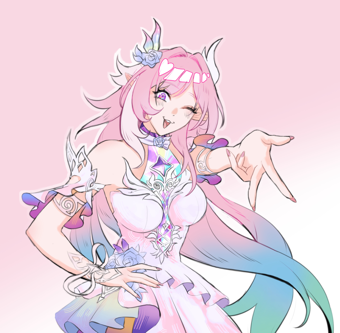 cyrene (honkai: star rail), cyrene (ripples of past reverie) (honkai: star rail), honkai: star rail, honkai (series), commentary, highres, 1girl, ;o, aqua hair, bare shoulders, breasts, diamond-shaped pupils, diamond (shape), dress, gradient hair, large breasts, long hair, multicolored hair, one eye closed, pink background, pink hair, pink nails, pinkmemling, purple eyes, solo, symbol-shaped pupils, very long hair, white dress, white hair