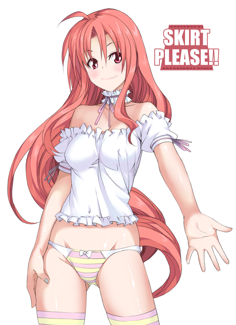 shin'ya (shin'yanchi), multicolored legwear, 1girl, ahoge, bare shoulders, blush, bottomless, bow, bow panties, choker, english text, female focus, frills, long hair, multicolored panties, no pants, panties, pink eyes, pink hair, shirt, socks, solo, standing, striped clothes, striped panties, striped socks, striped thighhighs, thighhighs, underwear, very long hair