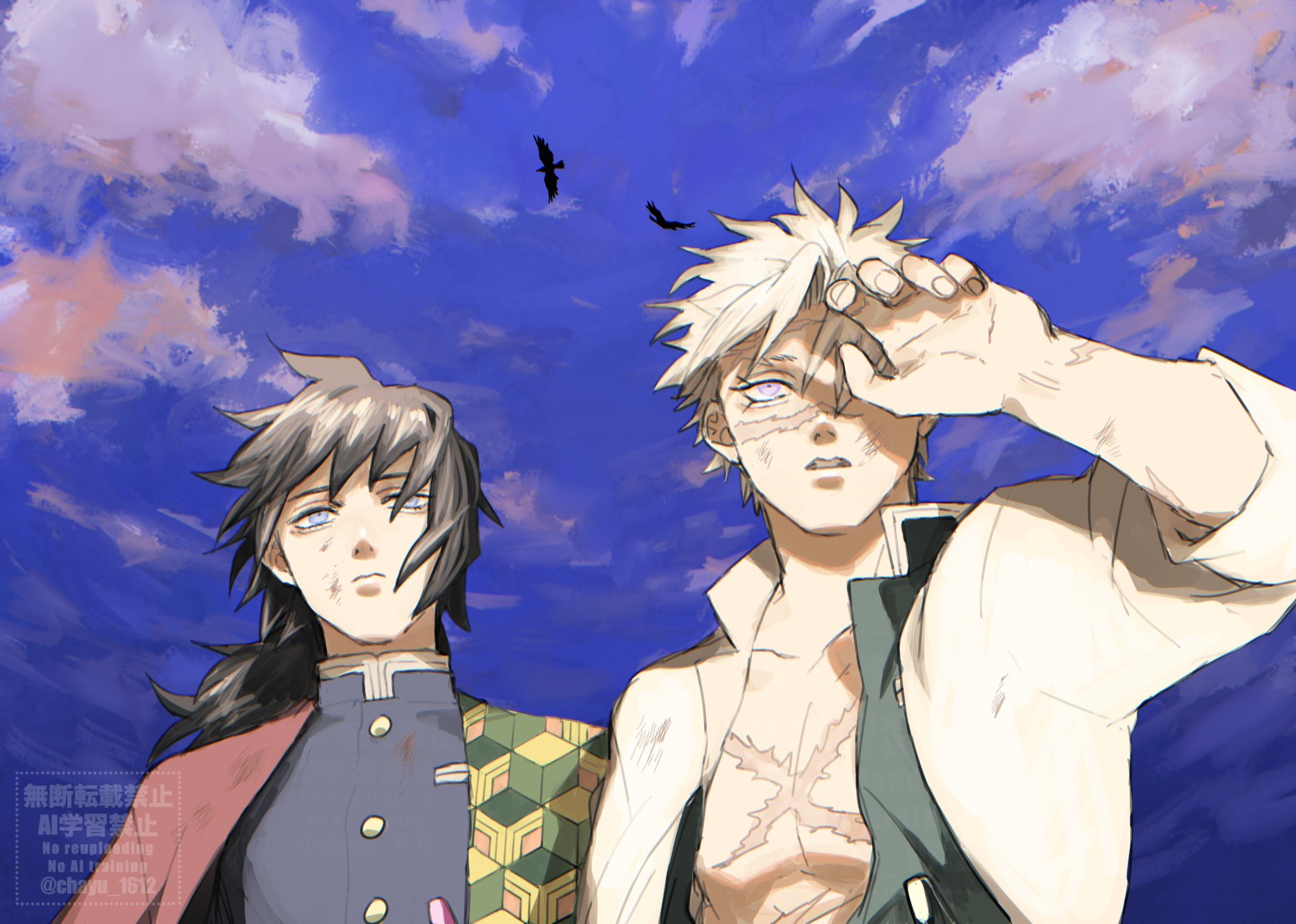 shinazugawa sanemi, tomioka giyuu, kimetsu no yaiba, highres, 2boys, bird, black hair, black jacket, blue eyes, buttons, chayu 1612, cloud, cloudy sky, crow, demon slayer uniform, gold buttons, hand up, haori, high collar, jacket, japanese clothes, kikkoumon, low ponytail, male focus, multiple boys, open clothes, open jacket, outdoors, ponytail, print haori, purple eyes, red haori, scar, scar on face, sky, spiked hair