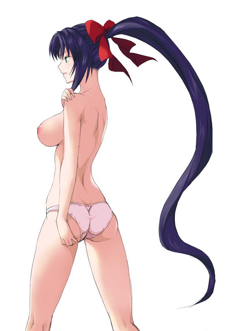 shin'ya (shin'yanchi), 1girl, ass, back, blue hair, bow, breasts, butt crack, female focus, hair bow, large breasts, long hair, nipples, panties, ponytail, solo, standing, thighs, topless female, underwear, underwear only, very long hair, white panties