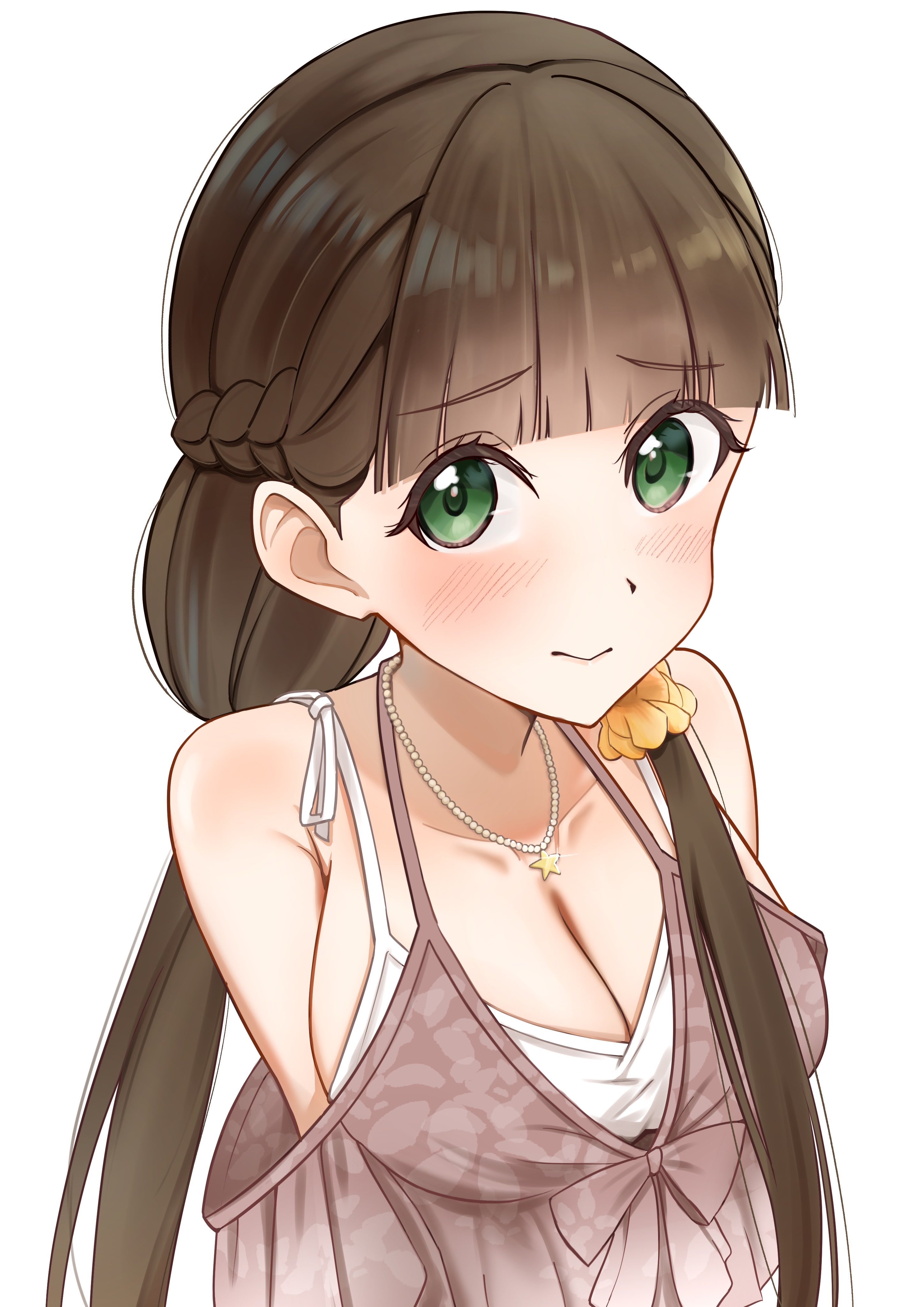 nanakussa, sakurakoji kinako, love live!, love live! days: love live! general magazine, love live! superstar!!, absurdres, commentary request, highres, 1girl, bare shoulders, bikini, blush, braid, breasts, brown hair, cleavage, collarbone, embarrassed, green eyes, half up braid, half updo, jewelry, large breasts, looking at viewer, low twintails, necklace, official alternate costume, raised inner eyebrows, solo, star (symbol), star necklace, star pendant, string bikini, swimsuit, twintails, white bikini