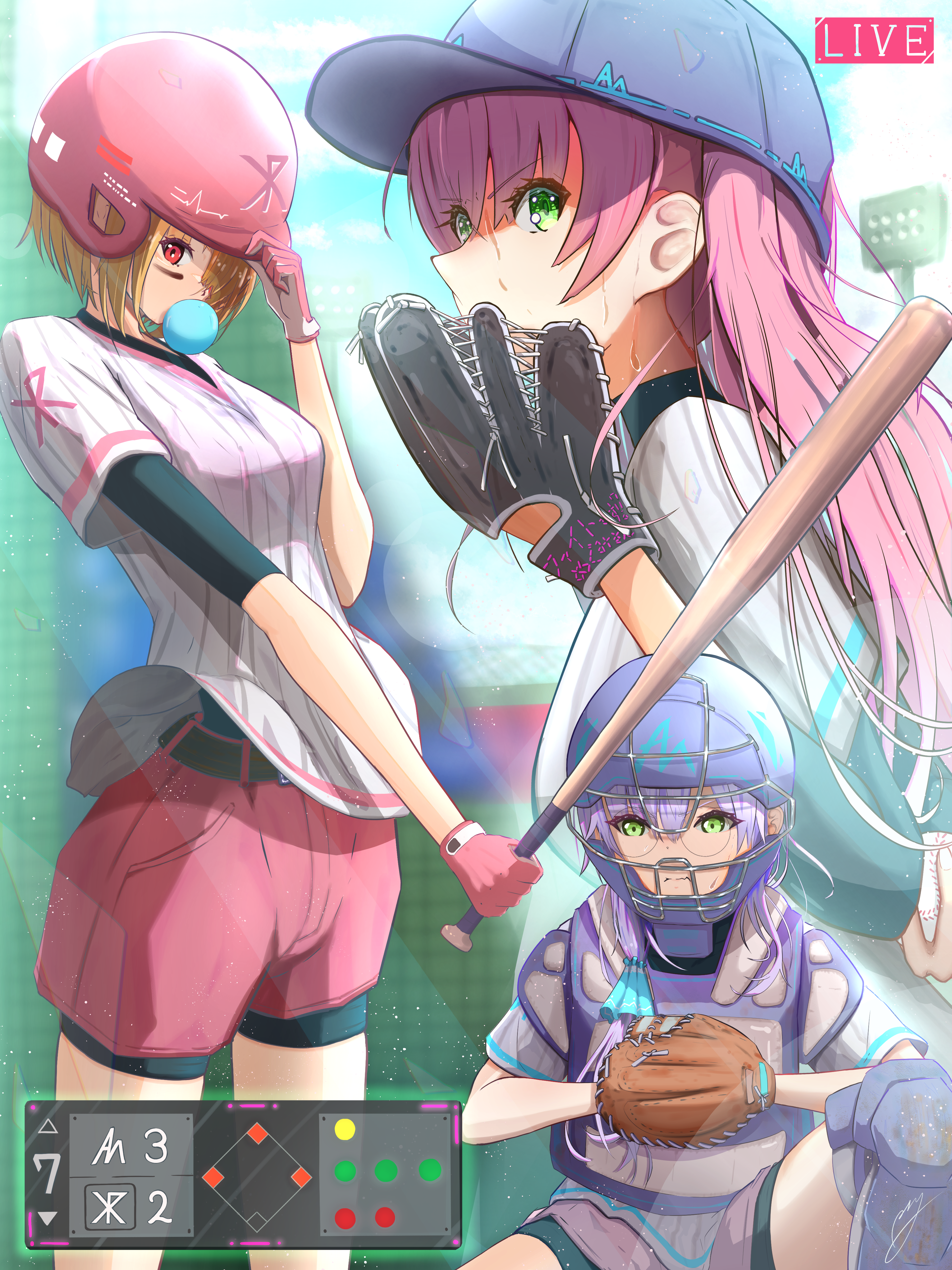 psy (artist), aikawa megumi, izumi yuki (heaven burns red), kayamori ruka, heaven burns red, absurdres, highres, 3girls, adjusting clothes, adjusting headwear, alternate costume, baseball, baseball bat, baseball cap, baseball glove, baseball uniform, bike shorts, bike shorts under shorts, blonde hair, blowing bubbles, breasts, brown hair, chewing gum, elbow pads, gloves, green eyes, hair between eyes, hat, helmet, holding, holding baseball bat, knee pads, long hair, looking at viewer, multiple girls, outdoors, pink gloves, pink hair, pink shorts, purple hair, red eyes, shirt, short hair, short sleeves, shorts, sportswear, squatting, sweat, towel, towel around neck, virtual youtuber, white shirt