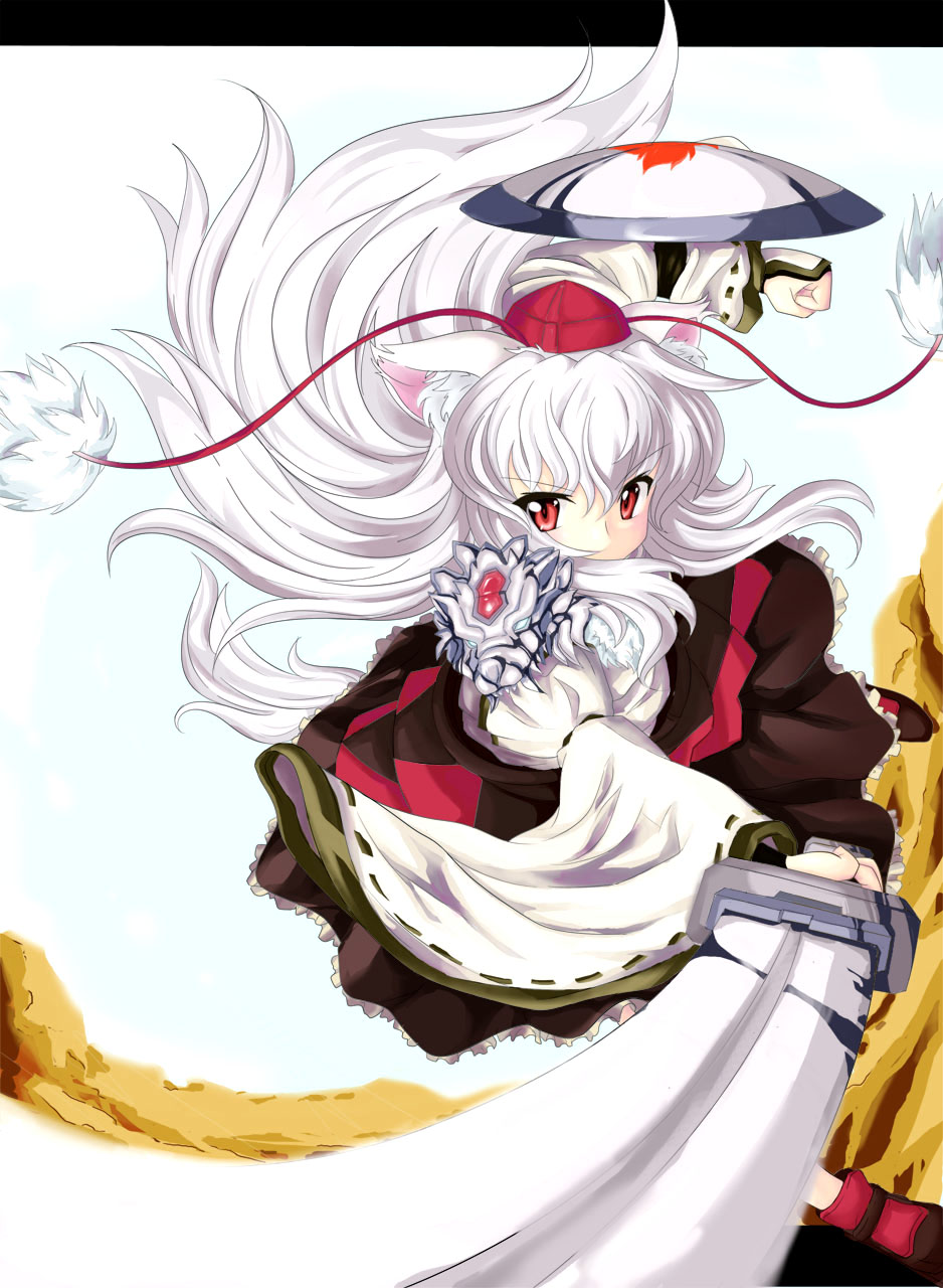 north abyssor, inubashiri momiji, touhou, highres, 1girl, animal ears, cloud, female focus, foreshortening, hat, letterboxed, long hair, red eyes, shield, sky, solo, sword, tail, tokin hat, very long hair, weapon, white hair, wolf ears, wolf tail