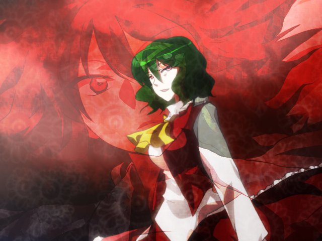 km, kazami yuuka, touhou, bad id, bad pixiv id, 1girl, ascot, female focus, green hair, red background, red eyes, short hair, skirt, skirt set, solo, vest, zoom layer