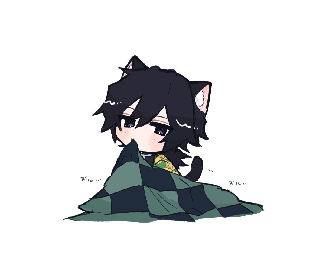 tomioka giyuu, kimetsu no yaiba, 1boy, animal ears, black hair, black jacket, blue eyes, cat boy, cat ears, cat tail, checkered haori, chibi, chibi only, demon slayer uniform, full body, g nyan t, haori, jacket, japanese clothes, kikkoumon, low ponytail, male focus, mouth hold, ponytail, print haori, simple background, solo, spiked hair, tail, white background