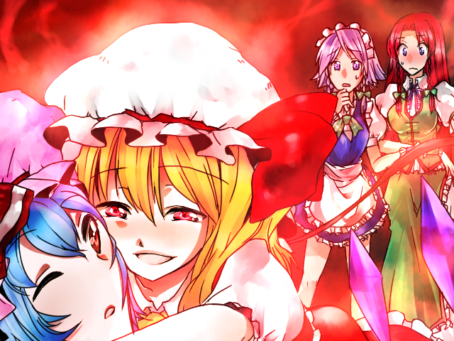 km, flandre scarlet, hong meiling, izayoi sakuya, remilia scarlet, embodiment of scarlet devil, touhou, silver hair, bad id, bad pixiv id, 4girls, bat wings, blonde hair, blue eyes, blue hair, braid, breasts, china dress, chinese clothes, dress, female focus, gradient background, hair ribbon, hairband, hat, long hair, maid, multiple girls, red eyes, ribbon, short hair, skirt, twin braids, wings, yuri