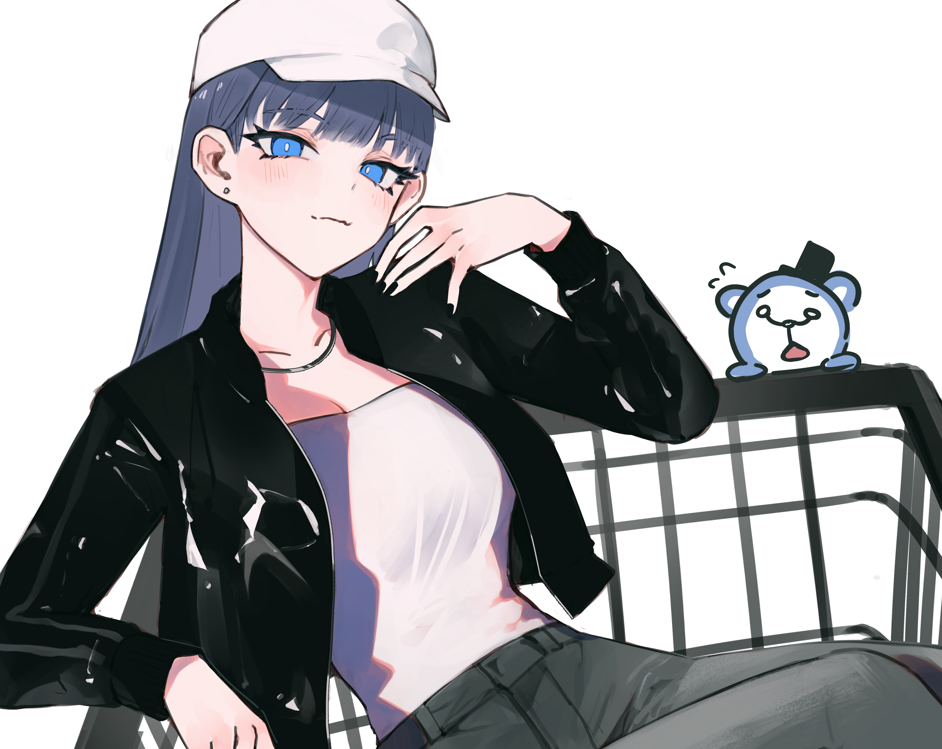 hunk 404, kronie (ouro kronii), ouro kronii, hololive, hololive english, inzoi, absurdres, highres, 1girl, alternate costume, black jacket, black nails, blue eyes, blue hair, blunt bangs, blush, breasts, collarbone, earrings, hat, in shopping cart, jacket, jewelry, large breasts, long hair, looking at viewer, pants, shirt, shopping cart, simple background, smile, solo, virtual youtuber, white background, white hat, white shirt