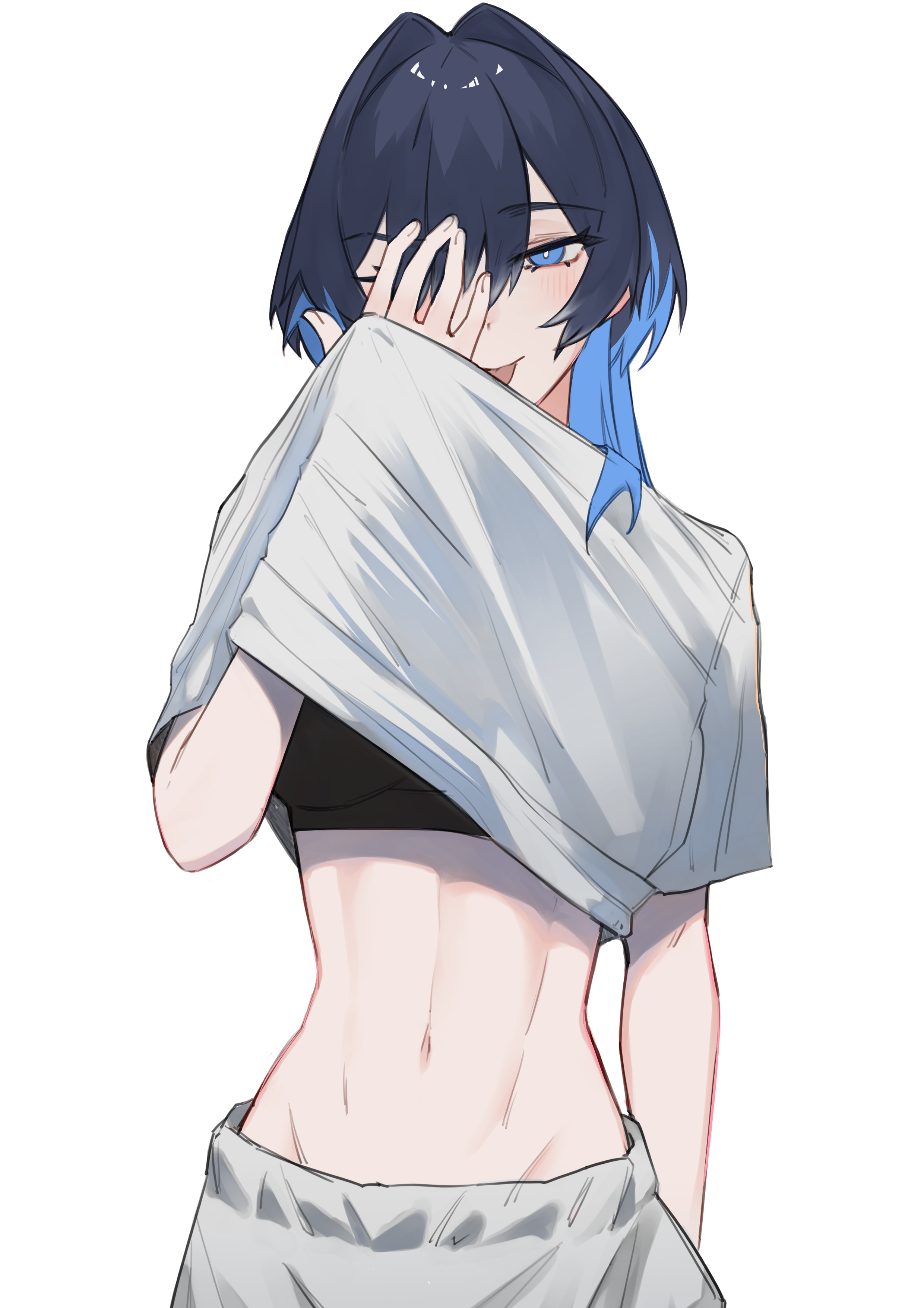 hunk 404, ouro kronii, hololive, hololive english, absurdres, highres, 1girl, ;p, abs, alternate costume, black sports bra, blue eyes, blue hair, bright pupils, clothes pull, colored inner hair, cropped legs, double-parted bangs, grey pants, groin, hair between eyes, hair intakes, hand over eye, hand under clothes, hand under shirt, light blush, medium hair, midriff, multicolored hair, navel, one eye closed, pants, pulling own clothes, shirt, shirt pull, short sleeves, simple background, smile, solo, sports bra, t-shirt, toned, toned female, tongue, tongue out, virtual youtuber, white background, white pupils, white shirt