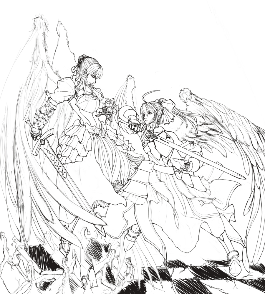 firstterro, artoria pendragon (fate), saber (fate), saber alter, saber alter (second ascension), saber lily, capcom, fate/stay night, fate/unlimited codes, fate (series), type-moon, 00s, 2girls, armor, armored dress, battle, dress, dual persona, excalibur (fate/stay night), excalibur morgan (fate), greyscale, monochrome, multiple girls, sword, weapon, wings