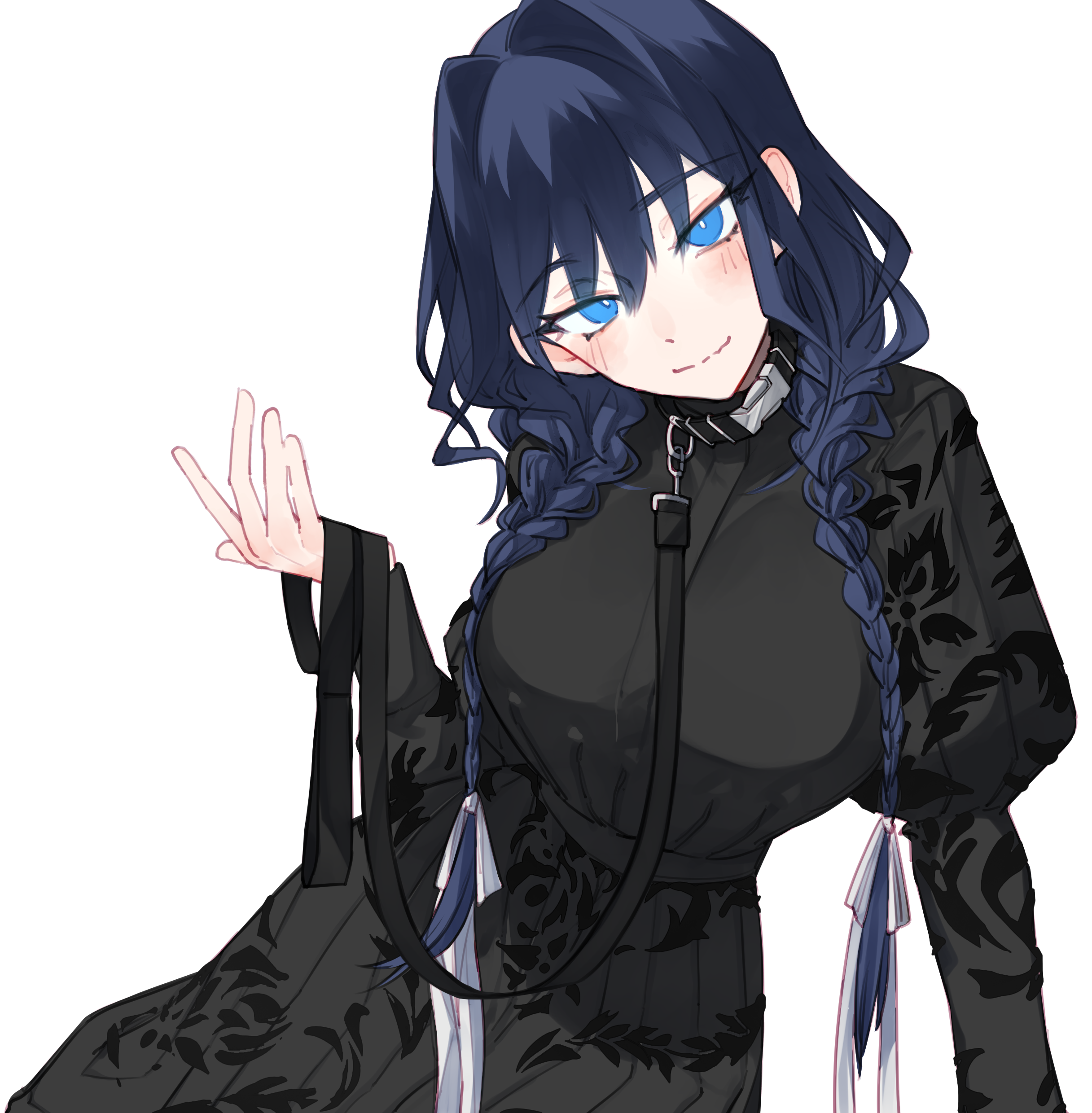 hunk 404, ouro kronii, ouro kronii (maid), hololive, hololive english, absurdres, highres, 1girl, black dress, blue eyes, blue hair, braid, breasts, closed mouth, dress, hair ribbon, holding, holding leash, large breasts, leash, long hair, looking at viewer, low twin braids, ribbon, simple background, solo, twin braids, virtual youtuber, white background, white ribbon
