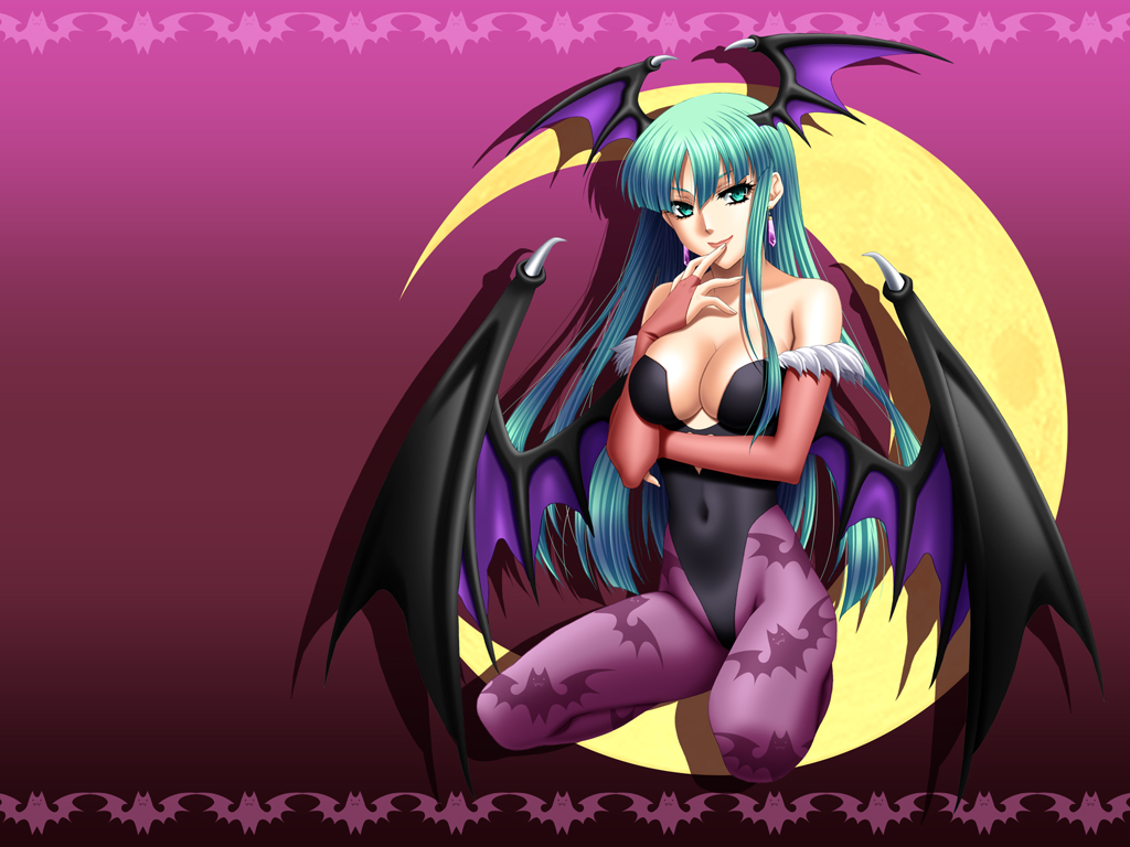 metafalica, morrigan aensland, capcom, darkstalkers, 1girl, animal print, arm under breasts, bat print, breasts, cleavage, demon girl, elbow gloves, female focus, gem, gloves, gradient background, green eyes, green hair, head wings, large breasts, long hair, matching hair/eyes, pantyhose, parted bangs, pink background, pink pantyhose, print pantyhose, purple gemstone, solo, spread legs, very long hair, wings