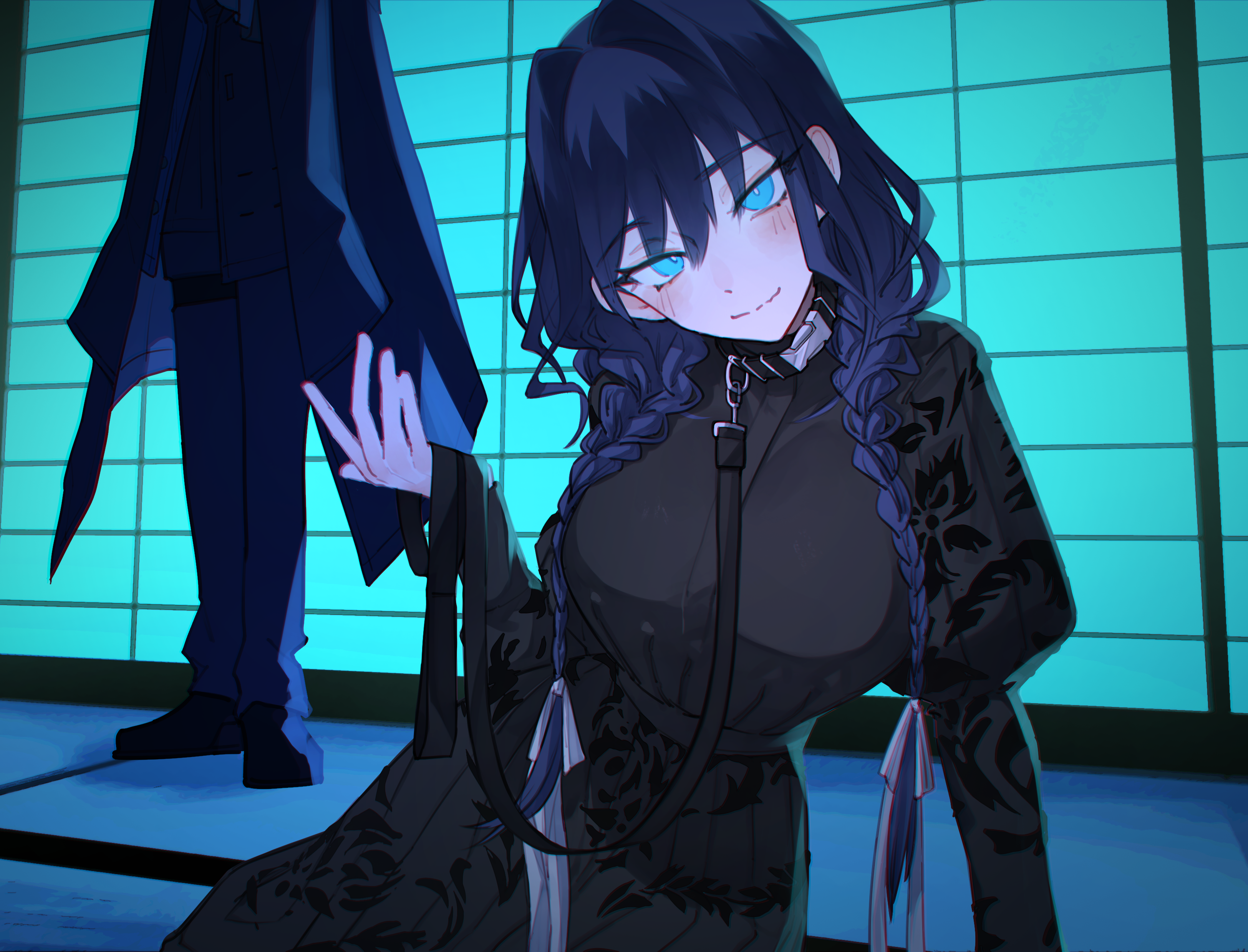 hunk 404, ouro kronii, ouro kronii (4th costume), ouro kronii (maid), hololive, hololive english, absurdres, highres, 2girls, black dress, blue coat, blue eyes, blue hair, blue pants, braid, breasts, closed mouth, coat, dress, hair ribbon, holding, holding leash, indoors, large breasts, leash, long hair, looking at viewer, low twin braids, multiple girls, pants, ribbon, twin braids, virtual youtuber, white ribbon