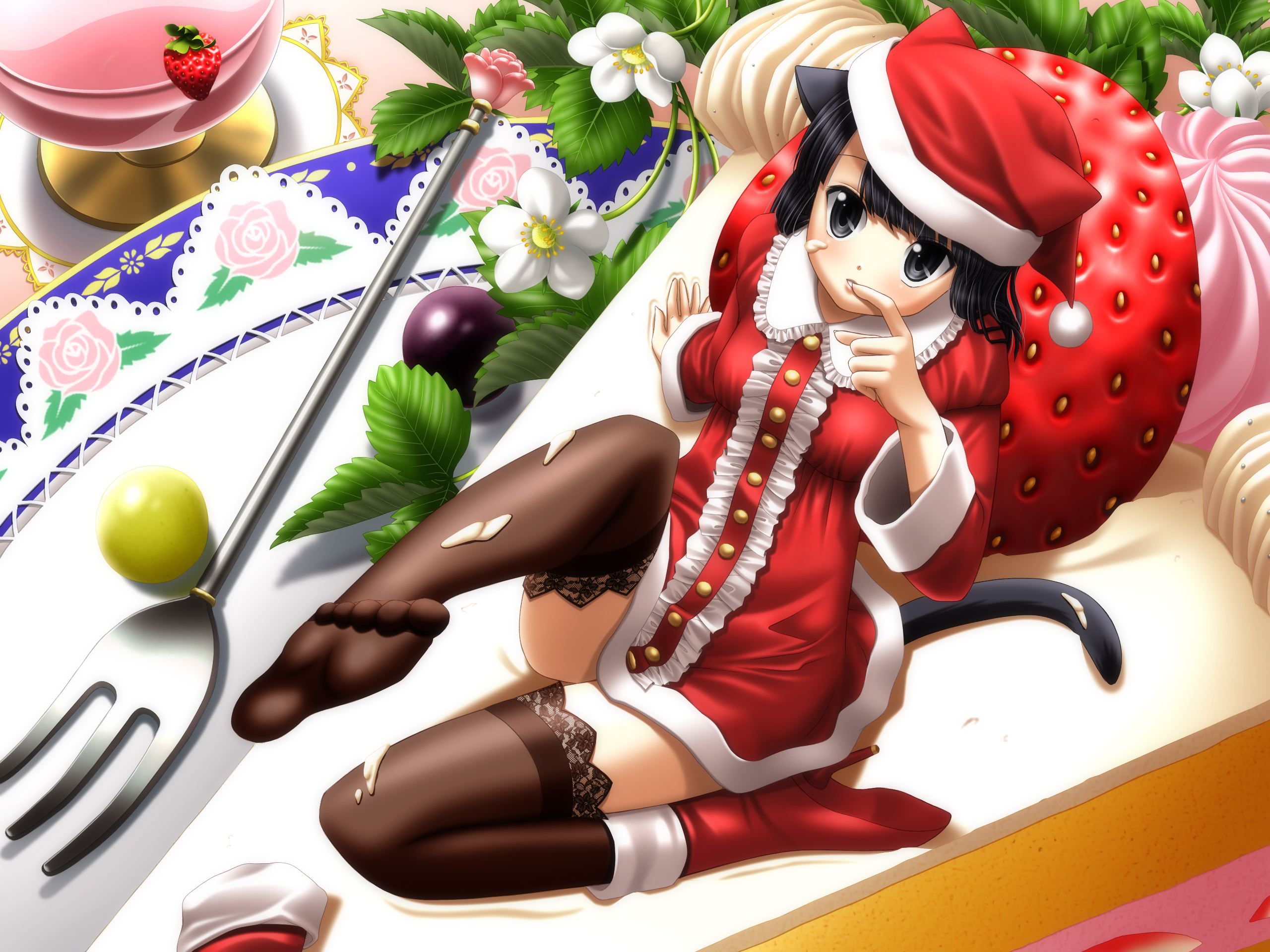 metafalica, highres, animal ears, black eyes, black hair, cake, food, fork, fruit, hat, high heels, mini person, minigirl, pastry, santa hat, shoes, single shoe, solo, strawberry, tail, thighhighs