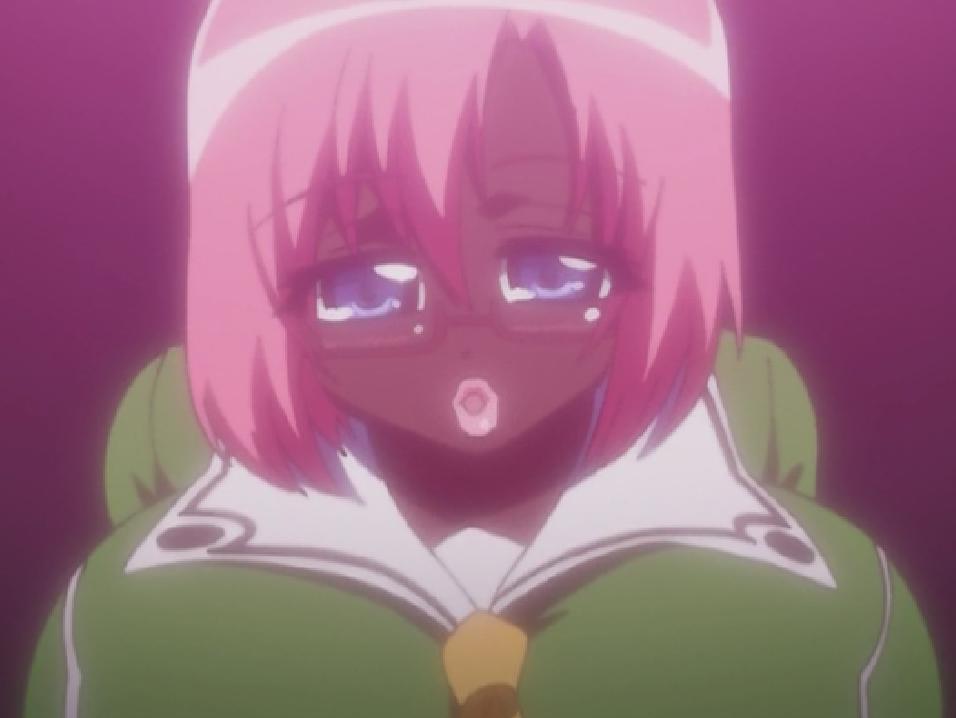kemeko deluxe, anime screenshot, character request, 00s, 1girl, breasts, dark-skinned female, dark skin, female focus, glasses, huge breasts, lips, looking at viewer, open mouth, pink hair, short hair, solo, upper body