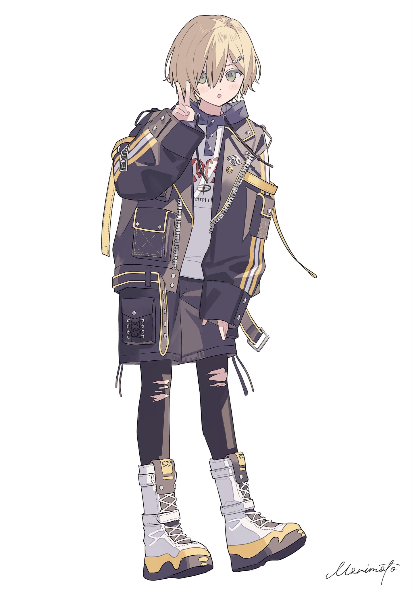 moo n moko, uzuki kou, uzuki kou (5th costume), nijisanji, highres, 1boy, :o, arm belt, belt, black belt, black jacket, black leggings, black shorts, blonde hair, blue hood, blush stickers, boots, clothes writing, drawstring, full body, green eyes, hair intakes, hair ornament, hair over one eye, hairpin, hood, hood down, hoodie, jacket, lace-up boots, lapels, leggings, looking at viewer, loose belt, no headwear, notched lapels, open belt, open clothes, open jacket, parted lips, print hoodie, shoelaces, short hair, shorts, signature, simple background, sleeves past wrists, standing, torn clothes, torn leggings, unzipped, v, virtual youtuber, white background, white boots, white hoodie, wolf cut, yellow belt, yellow trim, zipper