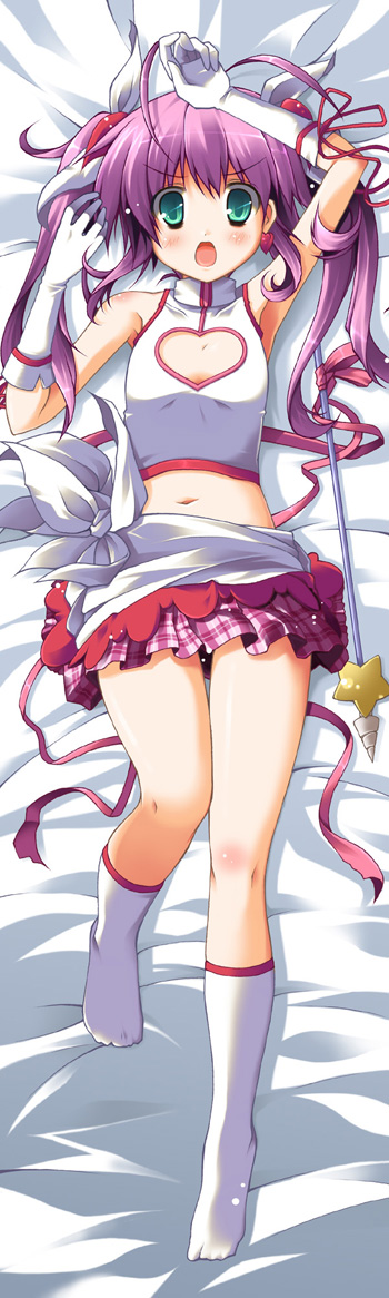 utsurogi angu, long image, tall image, 1girl, armpits, bed, blush, cleavage cutout, clothing cutout, dakimakura (medium), elbow gloves, feet, female focus, full body, gloves, green eyes, heart, heart cutout, lying, purple hair, socks, solo, twintails