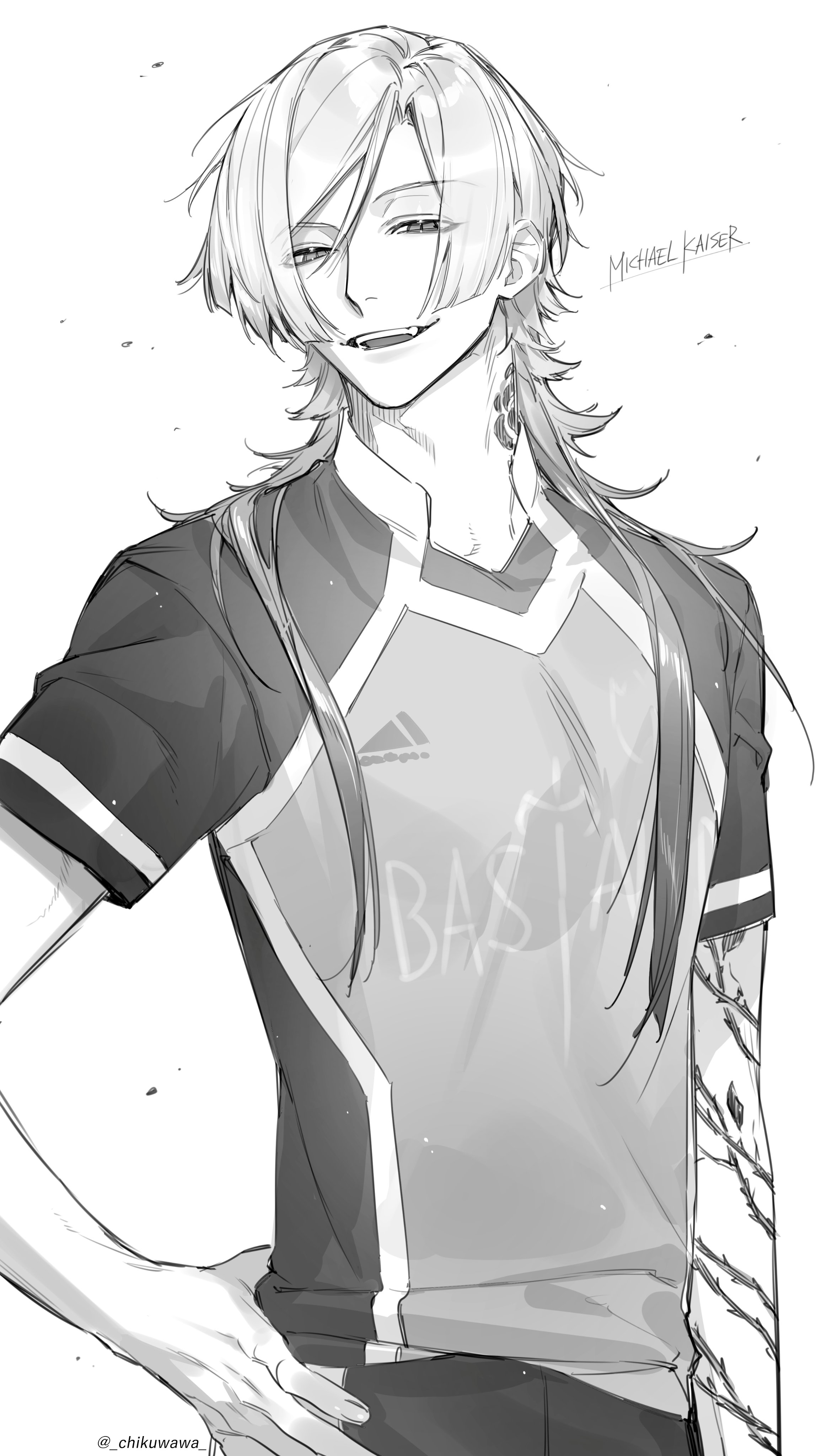 chikuwa (dr0603), michael kaiser, blue lock, absurdres, highres, 1boy, arm tattoo, bastard munchen soccer uniform, character name, flower tattoo, greyscale, hand on own hip, long hair, looking at viewer, male focus, monochrome, neck tattoo, open mouth, simple background, solo, tattoo, teeth, twitter username, upper teeth only, white background