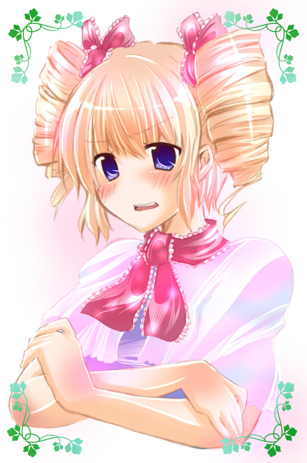 nanase nao, alice margatroid, touhou, bad id, bad pixiv id, 1girl, alternate hairstyle, blush, drill hair, female focus, gradient background, plant, solo, upper body, white background