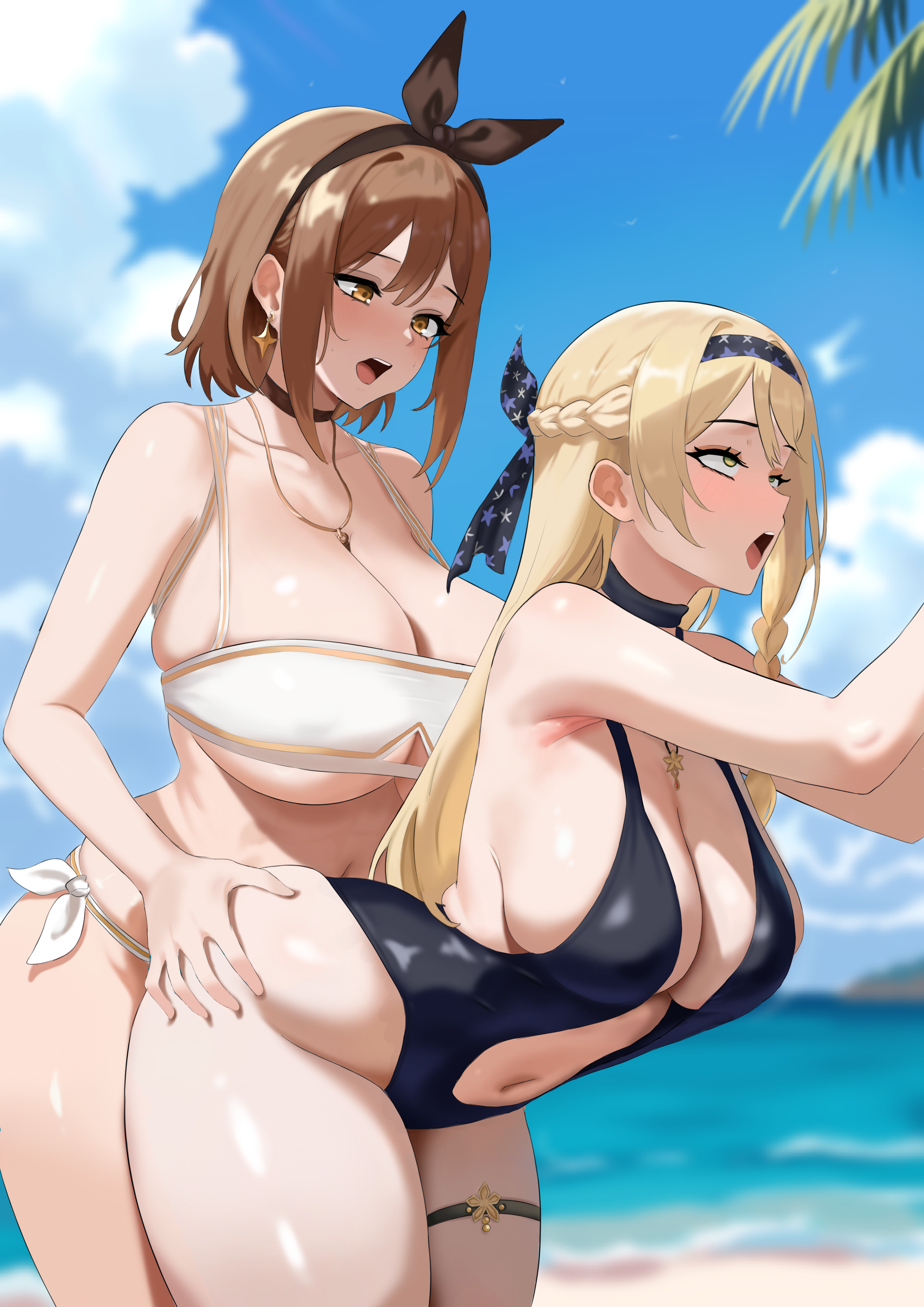 amadeuslight, klaudia valentz, klaudia valentz (moonlit beach), reisalin stout, atelier (series), atelier resleriana, atelier ryza, absurdres, commentary, english commentary, highres, large variant set, variant set, 2girls, ahegao, beach, bent over, bikini, blonde hair, blue sky, braid, breasts, brown eyes, brown hair, cowboy shot, day, green eyes, half updo, huge breasts, humping, implied futanari, jewelry, long hair, medium hair, multiple girls, navel, necklace, official alternate costume, open mouth, outdoors, penis, sideboob, sky, swimsuit, thigh strap, thighs