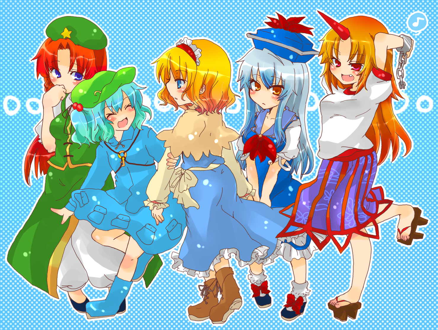 takamura, alice margatroid, hong meiling, hoshiguma yuugi, kamishirasawa keine, kawashiro nitori, touhou, bad id, bad pixiv id, 5girls, blonde hair, blue eyes, blue hair, braid, chain, china dress, chinese clothes, dress, fang, female focus, hair bobbles, hair ornament, hairband, hat, horns, key, long hair, multiple girls, polka dot, polka dot background, red eyes, red hair, sandals, short hair, single horn, twin braids, twintails, two side up, yellow eyes