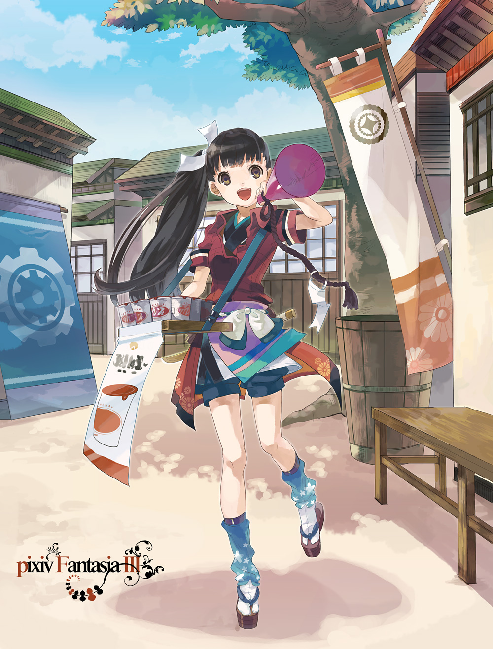 eihi, pixiv fantasia, pixiv fantasia 3, bad id, bad pixiv id, highres, 1girl, :d, akatsuhara empire, banner, bench, black hair, blue leg warmers, bokken, brown eyes, building, clog sandals, cup ramen, day, female focus, food, japanese clothes, leg warmers, long hair, megaphone, nobori, noodles, okobo, open mouth, outdoors, platform sandals, ponytail, ramen, road, sandals, shorts, side ponytail, smile, solo, standing, standing on one leg, street, sword, tabi, tree, weapon, wooden sword