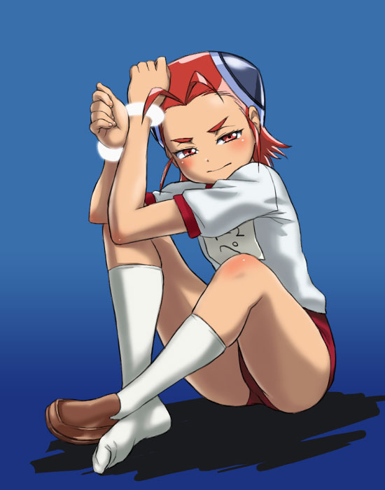 hajime (caramel toone), capella titis, tetsuwan birdy, tetsuwan birdy decode, 00s, antenna hair, blue background, brown shoes, buruma, feet, full body, gym uniform, kneehighs, shoes, single shoe, sitting, socks, solo, white socks