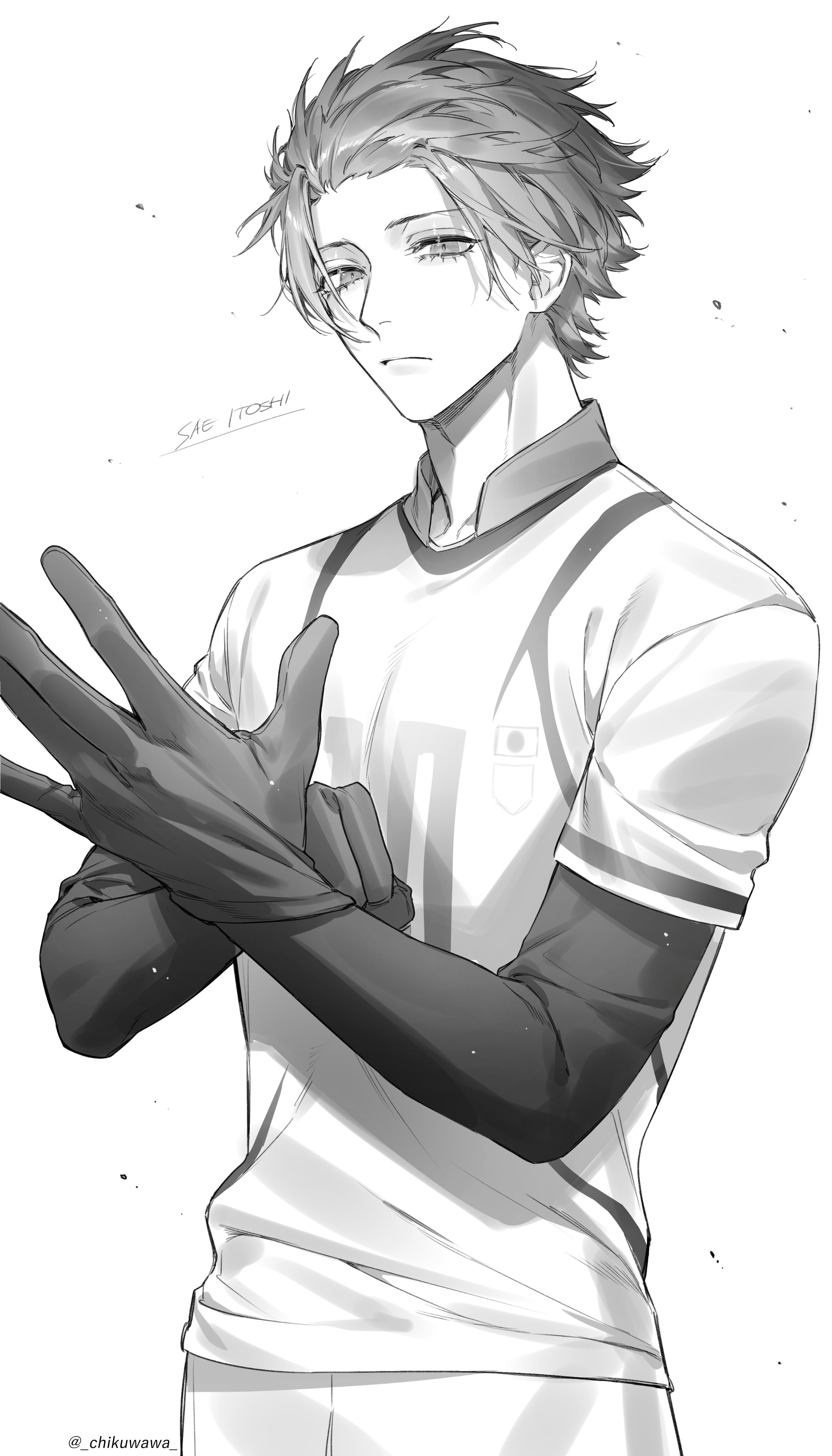 chikuwa (dr0603), itoshi sae, blue lock, absurdres, highres, 1boy, adjusting clothes, adjusting gloves, character name, closed mouth, gloves, greyscale, looking at viewer, male focus, monochrome, short hair, simple background, soccer uniform, solo, sportswear, twitter username, white background