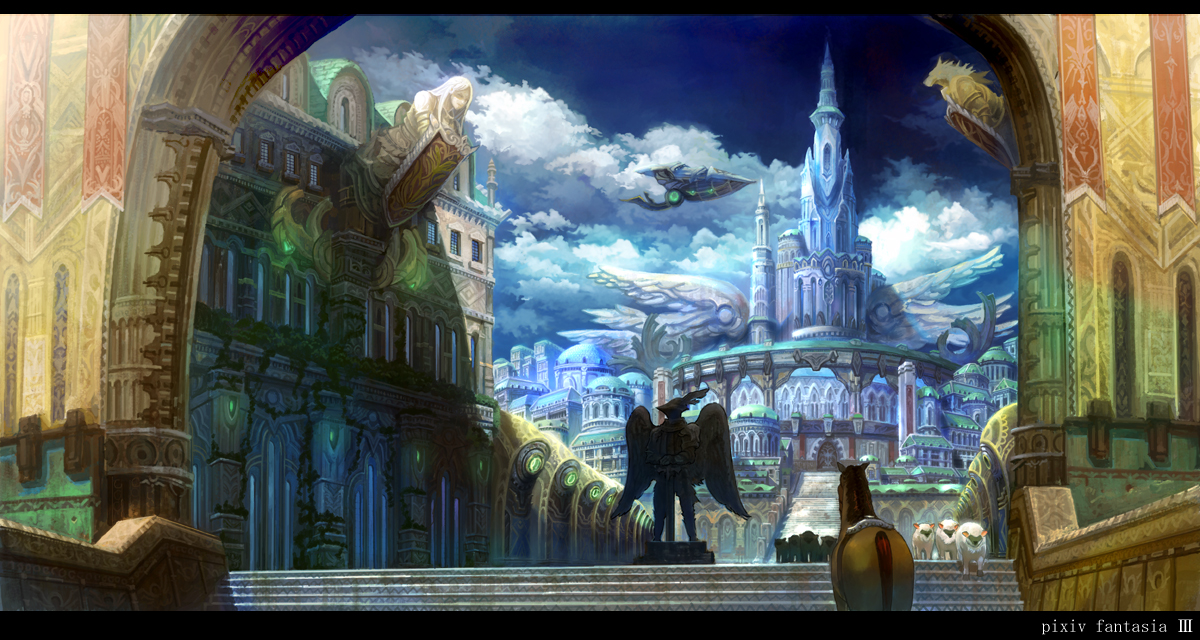 yansun, pixiv fantasia, pixiv fantasia 3, building, castle, city, cloud, fantasy, horse, horseback riding, letterboxed, no humans, riding, scenery, sheep, sky, statue