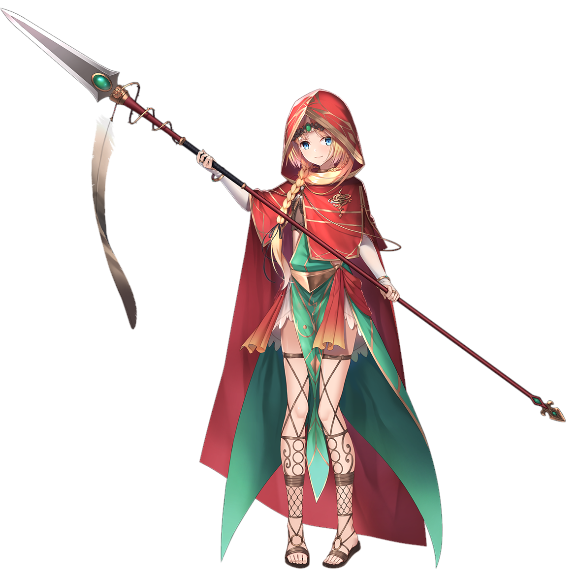 quill (sennen sensou aigis), sennen sensou aigis, artist request, bad source, game cg, official art, third-party source, 1girl, blonde hair, blue eyes, braid, elf, full body, holding, holding polearm, holding weapon, hood, hood up, light smile, long sleeves, pointy ears, polearm, sandals, solo, spear, transparent background, weapon