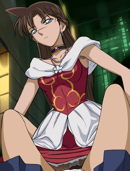 haruyama kazunori, mira julietta vesparand, mouri ran, lupin iii, lupin sansei vs meitantei conan, meitantei conan, tms entertainment, 2girls, blue eyes, brown hair, choker, dress, earrings, female pov, jewelry, leg lock, legs, multiple girls, necklace, panties, pantyshot, pov, skirt, underwear, upskirt, white panties