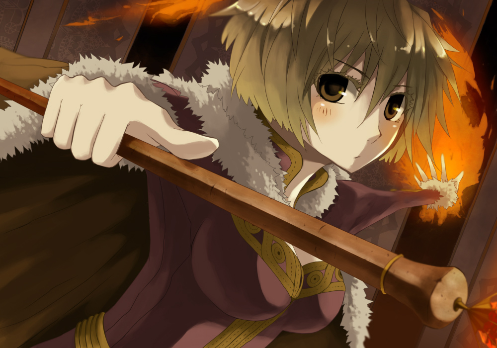 wizard (ragnarok online), ragnarok online, commentary request, 1girl, blush, breasts, brown cape, brown eyes, brown hair, cape, closed mouth, coo (xx-r), dress, fire, fur-trimmed cape, fur trim, holding, holding staff, large breasts, long sleeves, looking at viewer, purple dress, pyrokinesis, short hair, solo, staff, upper body