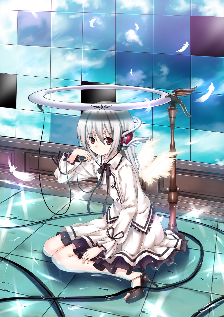 koi (koisan), original, bad id, bad pixiv id, highres, angel wings, cable, feathers, headphones, high heels, long hair, red eyes, shoes, sitting, skirt, sky, solo, wariza, white hair, wings, wire