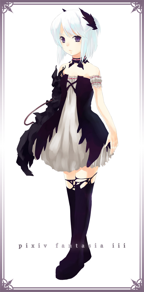 shiyun, pixiv fantasia, pixiv fantasia 3, bad id, bad pixiv id, albino, blue hair, dress, feathers, goth fashion, purple eyes, short hair, solo, thighhighs, white hair, zettai ryouiki