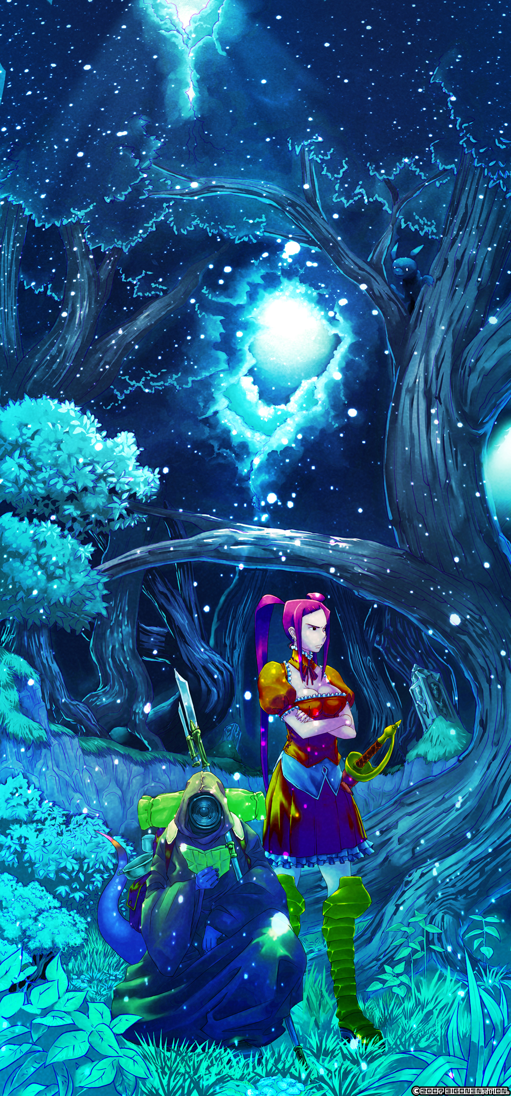 raichi (litchixlitchi), copyright request, highres, 1girl, female focus, night, solo, sword, tail, tree, weapon