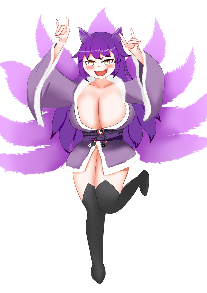 daji (mon-musu quest!), daji (shrift), mon-musu quest!, mon-musu quest: paradox, shrift, animal ears, blush, breasts, fox ears, fox tail, kitsune, kyuubi, large breasts, leggings, multiple tails, orb, purple hair, smile, tail, yin yang, yin yang orb