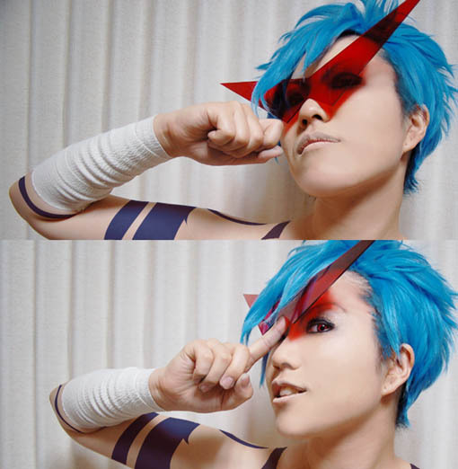 kamina (ttgl), tengen toppa gurren lagann, cosplay photo, gender request, photo (medium), 1girl, bandages, blue hair, cosplay, crossdressing, crossdressing (ftm), genderswap, kamina shades, red eyes, short hair, triangular eyewear