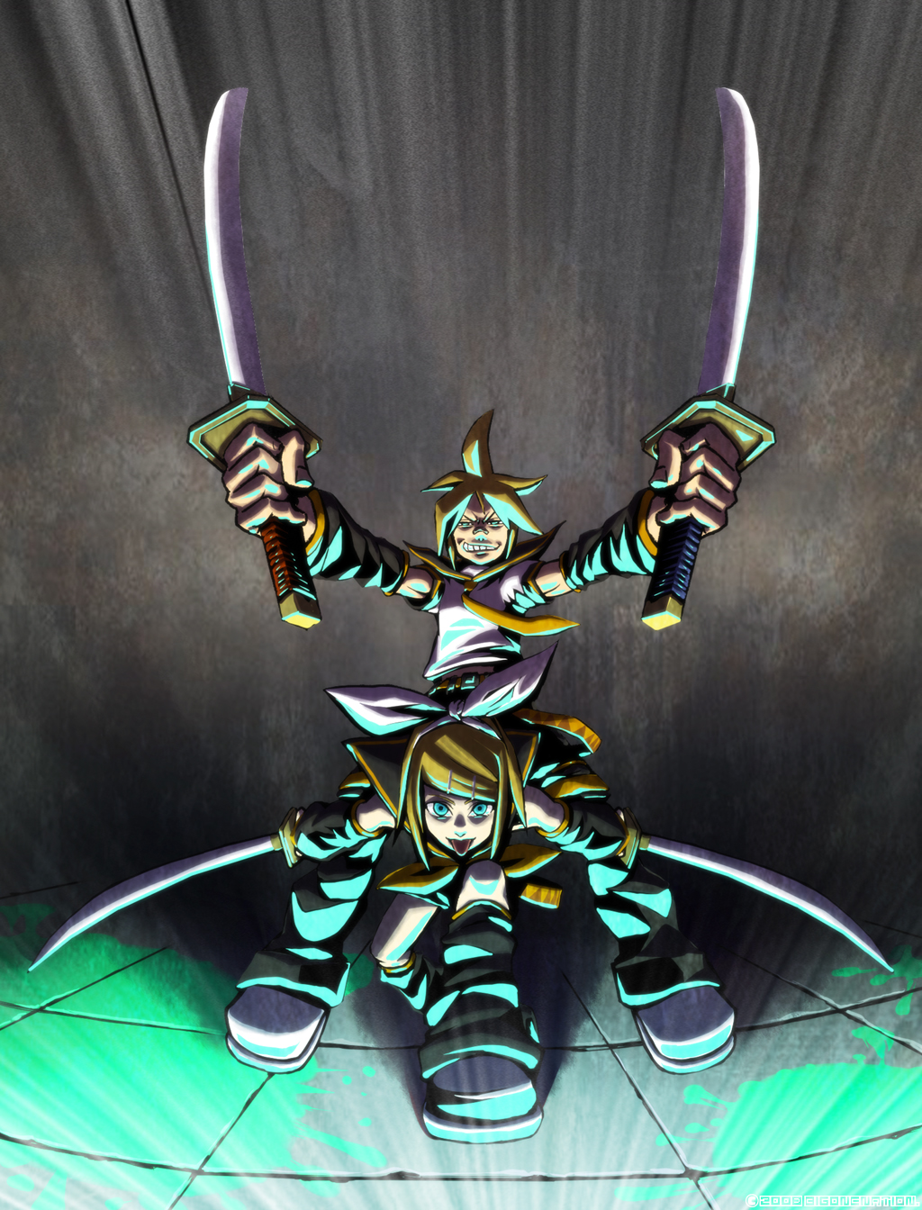 raichi (litchixlitchi), kagamine len, kagamine rin, vocaloid, highres, 1boy, 1girl, blonde hair, brother and sister, detached sleeves, dual wielding, green eyes, holding, siblings, sword, twins, weapon, yamaha