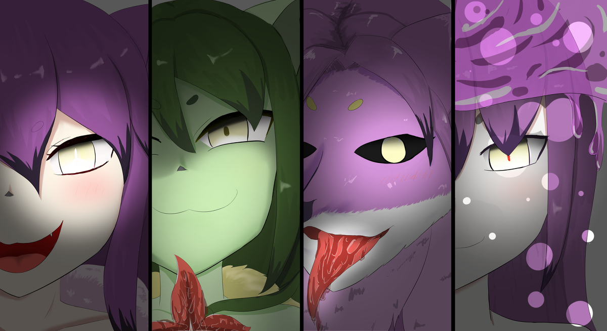 daji (mon-musu quest!), daji (shrift), shrift, :3, blush, colored skin, flower, green skin, pale skin, yellow eyes