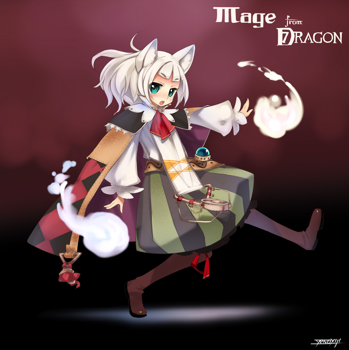 okishiji en, oxiji, ikurakun (7th dragon), mage (7th dragon), 7th dragon, 7th dragon (series), highres, 1girl, animal ears, blue eyes, boots, cape, female focus, magic, short hair, solo, white hair